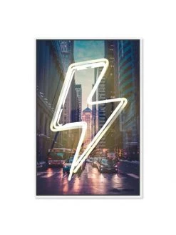 Oliver Gal Neon Lightning Cityscape Framed Canvas Art