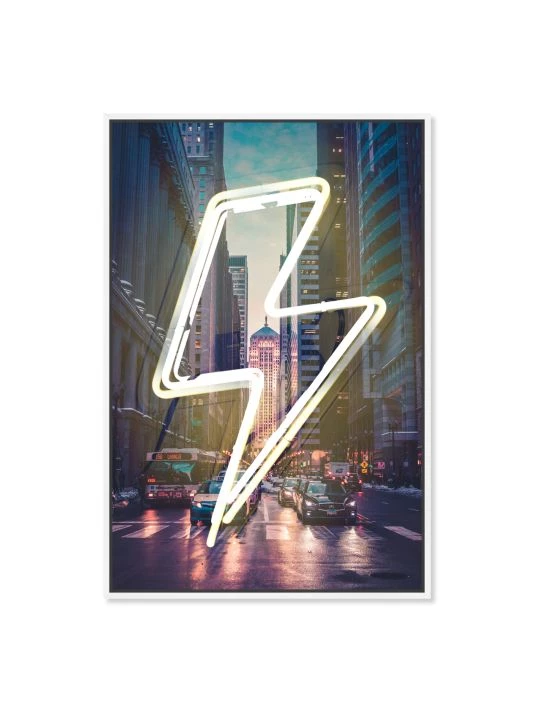 Oliver Gal Neon Lightning Cityscape Framed Canvas Art