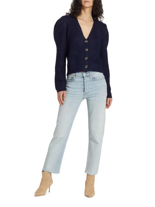 Design History Rib-Knit Puff-Sleeve Cardigan Emerald Green - Image 2