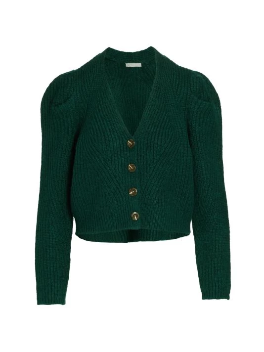 Design History Rib-Knit Puff-Sleeve Cardigan Emerald Green - Image 6